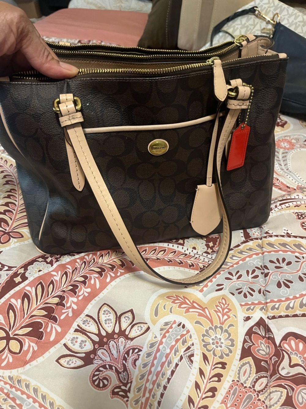 Coach Brown Signature Canvas Shoulder Bag with Cream Trim and Red Tag